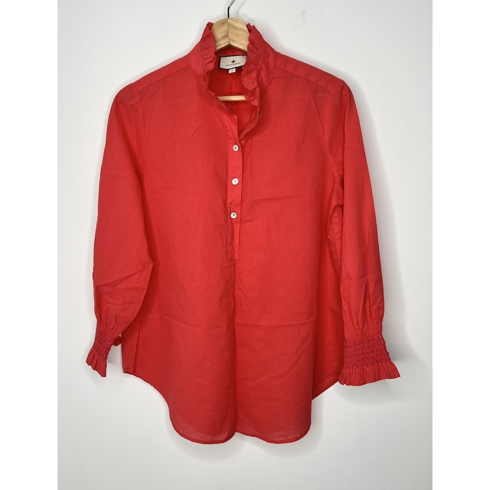 Tuckernuck Popover Shirt Small Pink Teagan Ruffle Collar Smock Cuff Tunic Blouse